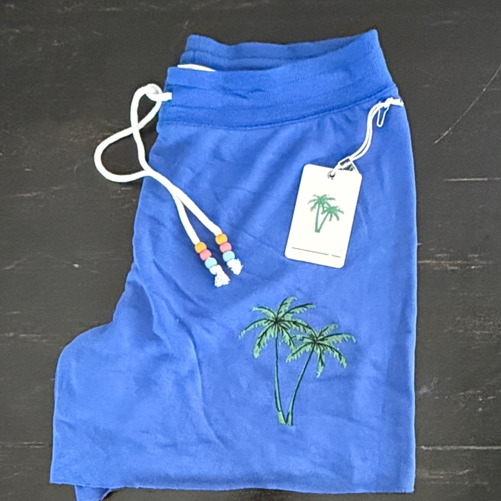 PJ Salvage Royal Blue Palm Embroidered Lounge Shorts with White Drawstring